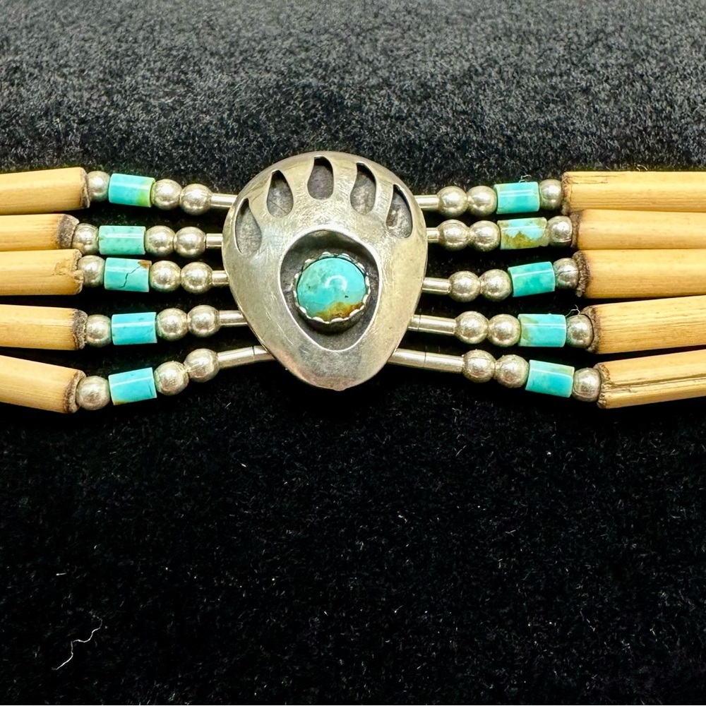 Sterling Silver Turquoise Bear Paw Bracelet | Native American Southwestern | 8” - Picture 2 of 5